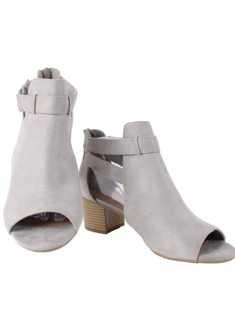 City Classified Heeled Booties Sz 10 Gray Buckled Peep Toe Man Made 2" Bootie - Picture 1 of 8